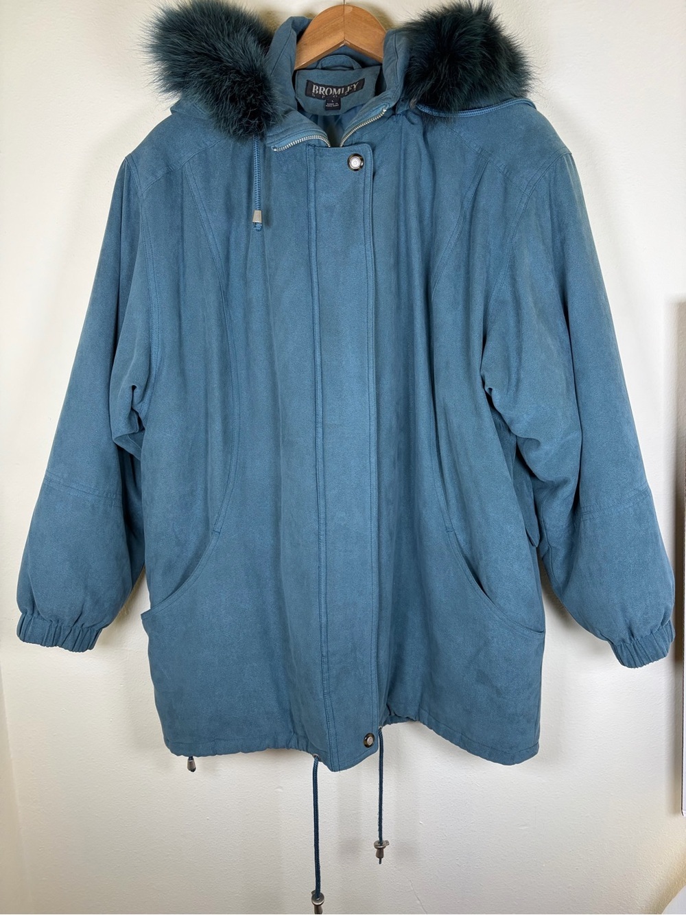 Vintage Bromley Sport Teal Faux Suede Parka Fox Fur Hood Thermolite Coat L XL